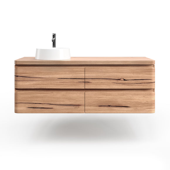 Lunar Curved Corner vanity in Messmate timber for a recycled, rustic look.