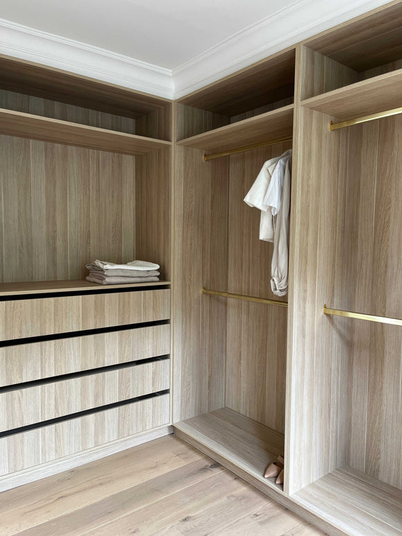 Designer Custom Made Walk in Robe with drawer and hang storage