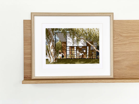 The Gallery Wall Shelf, Leaning shelf for art and photography with ledge in American Oak.  