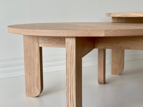 Australian Made Round Coffee Table in Solid American Oak Timber. Made in Melbourne, the Lunar Round Nesting Coffee Tables feature soft curves and half arch details to create lightness at the base of the leg. Custom sizes available.