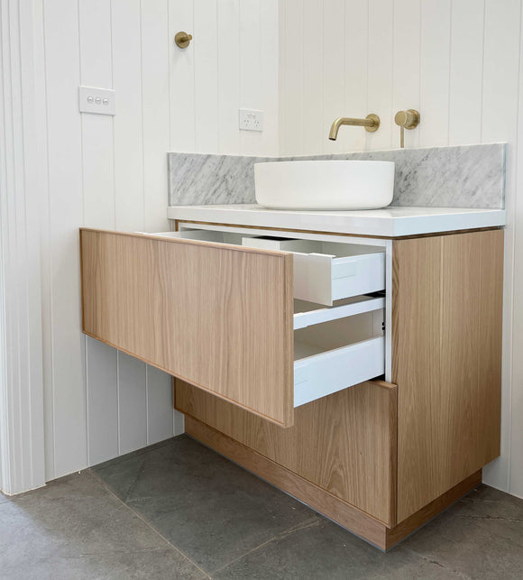 Custom Floorstanding American Oak Vanity with Hidden Drawer