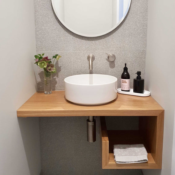 Custom Open Shelf Wall Hung Vanity in Oak