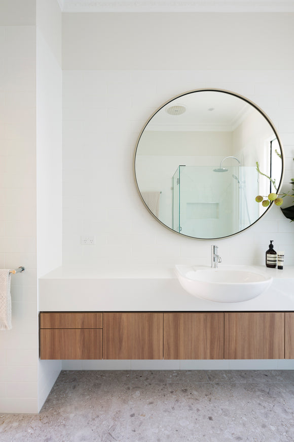 Custom Made Wall Hung Vanity with Large Round Mirror