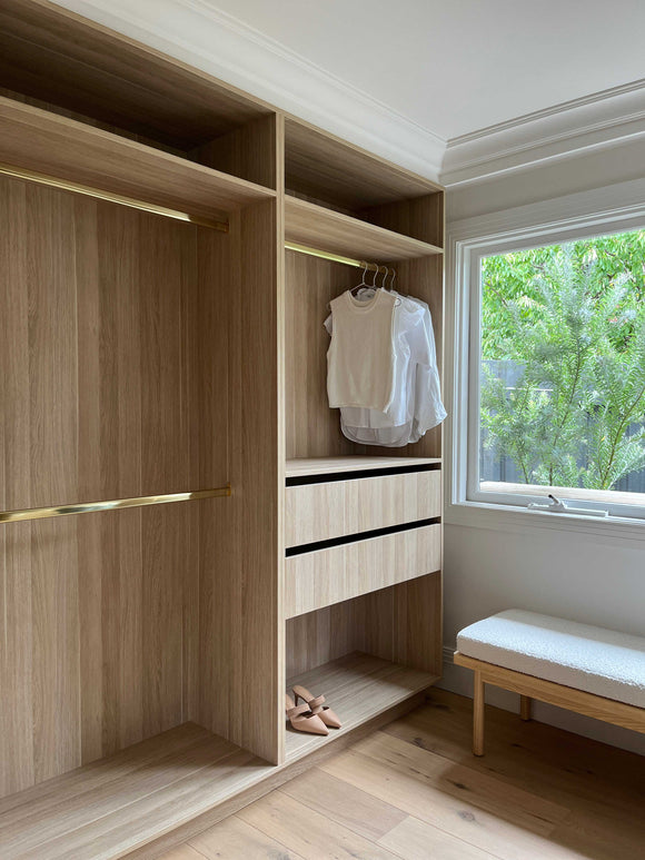 Custom Walk in Robe with Brass Hanging Rail, Shoe storage and Drawers in Oak