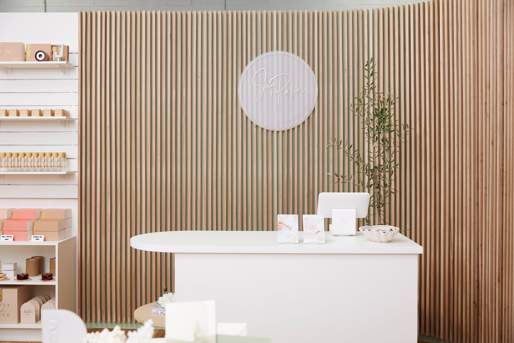 Retail Joinery Timber Slat Wall and Reception Counter