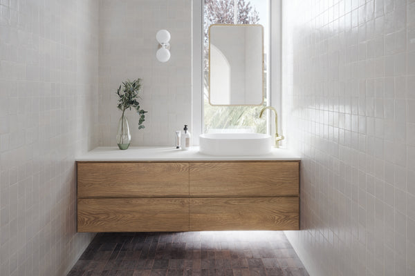 Solid Timber Wall Hung Floating Vanity in American Oak with drawers