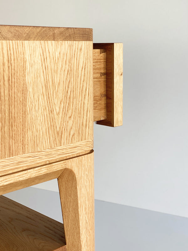 Solid American Oak Bedside Table featuring large drawer and shelf. Australian Made solid timber furniture custom made to your dimensions and style. Furniture Made in Melbourne.