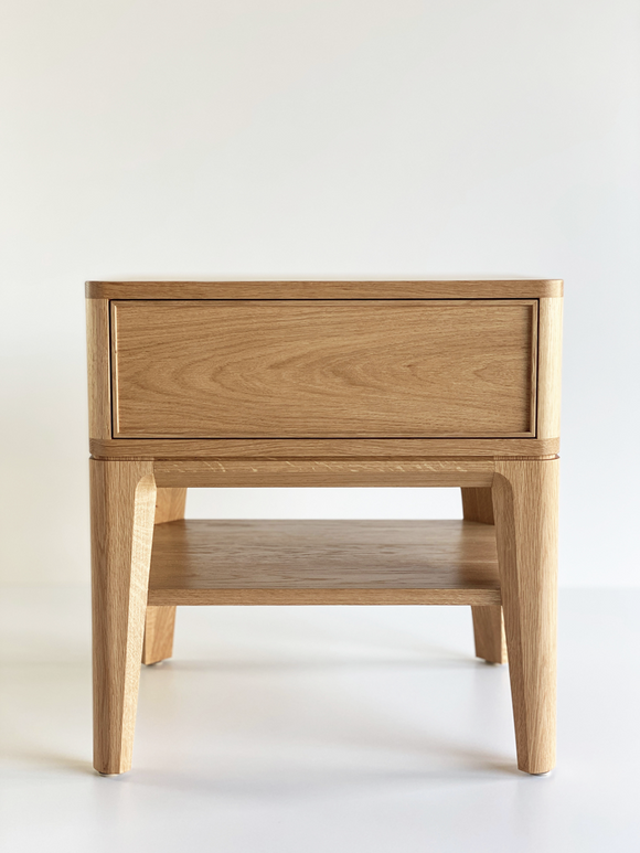 Solid American Oak Bedside Table featuring large drawer and shelf.  Australian Made solid timber furniture custom made to your dimensions and style. Furniture Made in Melbourne.