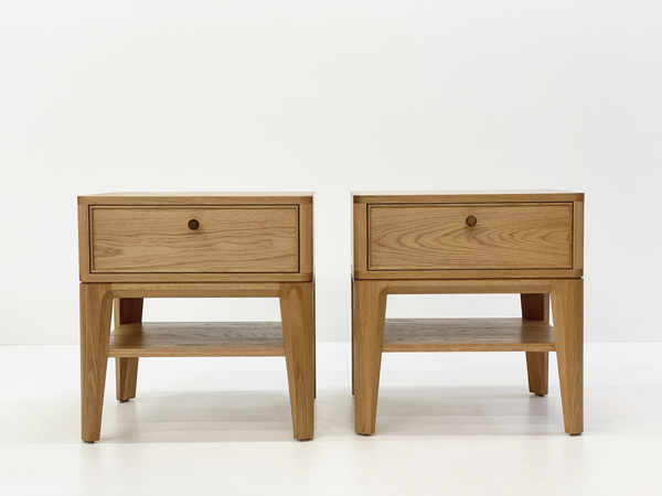 Solid American Oak Bedside Table featuring large drawer and shelf. Australian Made solid timber furniture custom made to your dimensions and style. Furniture Made in Melbourne.