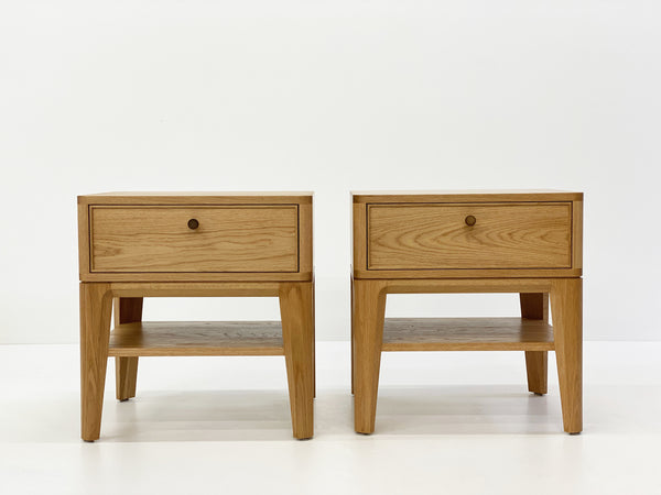Solid American Oak Bedside Table featuring large drawer and shelf. Australian Made solid timber furniture custom made to your dimensions and style. Furniture Made in Melbourne.