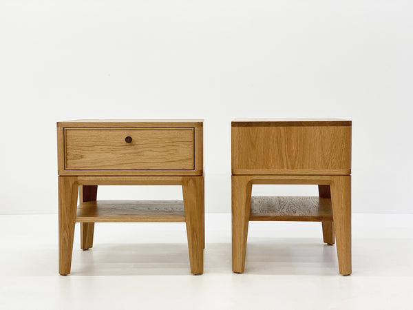 Solid American Oak Bedside Table featuring large drawer and shelf. Australian Made solid timber furniture custom made to your dimensions and style. Furniture Made in Melbourne.
