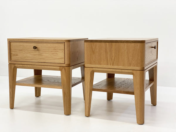 Solid American Oak Bedside Table featuring large drawer and shelf. Australian Made solid timber furniture custom made to your dimensions and style. Furniture Made in Melbourne.
