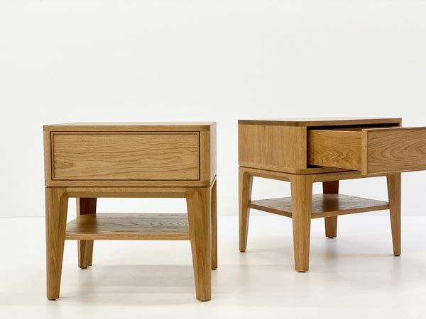 Solid American Oak Bedside Table featuring large drawer and shelf. Australian Made solid timber furniture custom made to your dimensions and style. Furniture Made in Melbourne.