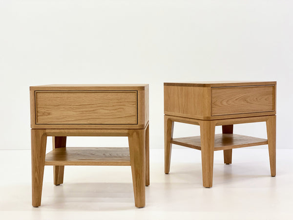 Solid American Oak Bedside Table featuring large drawer and shelf. Australian Made solid timber furniture custom made to your dimensions and style. Furniture Made in Melbourne.