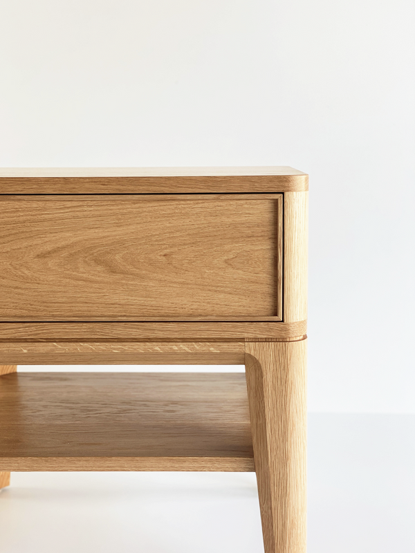 Solid American Oak Bedside Table featuring large drawer and shelf. Australian Made solid timber furniture custom made to custom dimensions in Melbourne