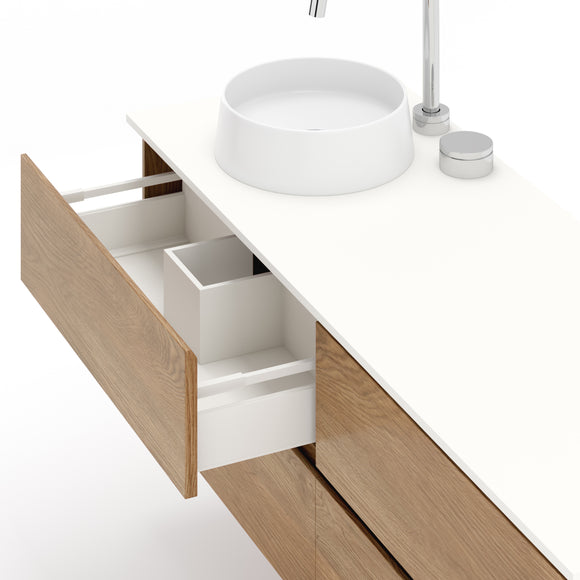 Solid Timber Wall Hung Floating Vanity in American Oak with drawers.  Wall mounted vanity internal basin cutout