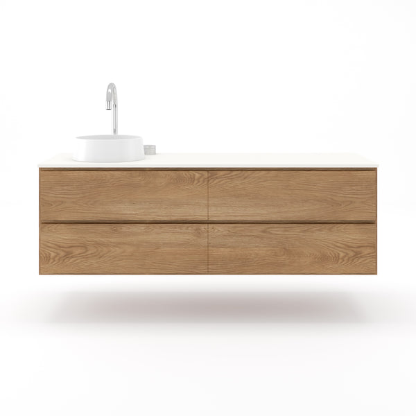 Solid Timber Wall Hung Floating Vanity in American Oak with drawers.  Timber wall mounted vanity with Corian top.