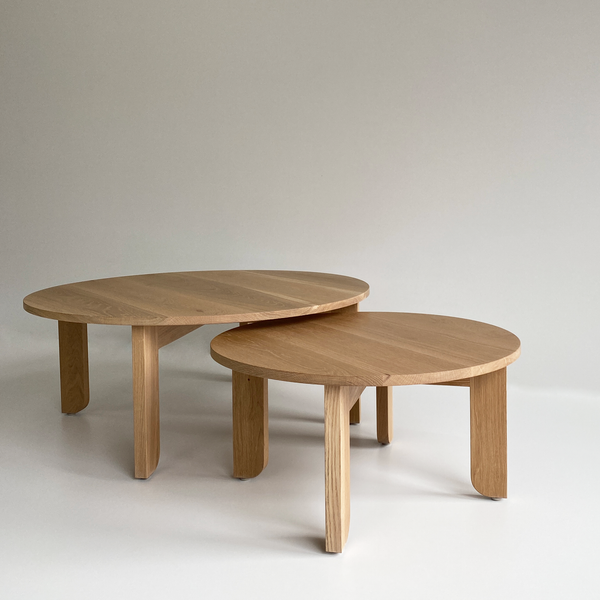 Australian Made Round Coffee Table in Solid American Oak Timber. Made in Melbourne, the Lunar Round Nesting Coffee Tables feature soft curves and half arch details to create lightness at the base of the leg. Custom sizes available.