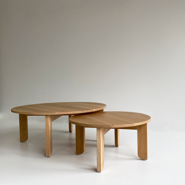 Australian Made Round Coffee Table in Solid American Oak Timber. Made in Melbourne, the Lunar Round Nesting Coffee Tables feature soft curves and half arch details to create lightness at the base of the leg. Custom sizes available.
