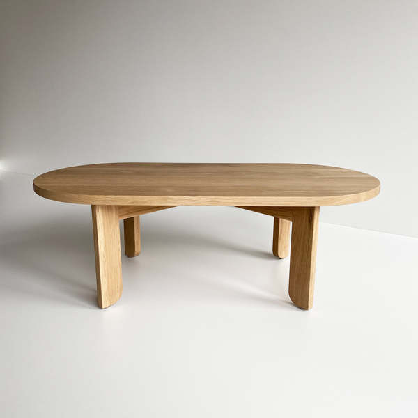 Australian Made Timber Furniture, the Pill Shaped Coffee Table in Solid American Oak. Made in Melbourne, the Lunar Pill Coffee Table features soft curves and half arch details to create lightness at the base of the leg. Custom sizes available.